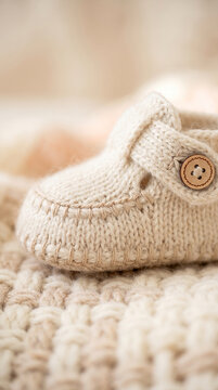 Stitching on handmade baby booties in modern commercial stock setting