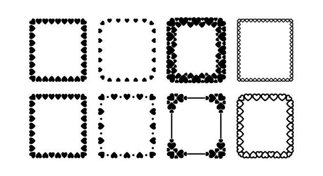 Decorative square frames feature borders composed of small heart shapes.