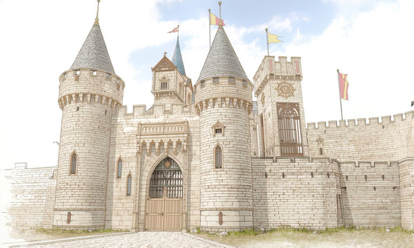 A Majestic Watercolor Illustration of a Grand Medieval Castle Fortress with Tall Towers
