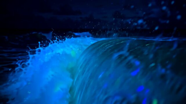 Bioluminescent ocean wave glowing blue at night, neon bioluminescence plankton in sea water, magical nature motion