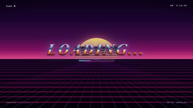 Vaporwave Retro 80s Synthwave Sunset Horizon with 3D Reflective Chrome Loading Typography and Neon Perspective Grid Animation for Sci-Fi Gaming Channels, Stream Screens, and Music Videos