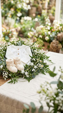 Botanical arrangement with baby &acirc;&euro;&brvbar; in modern commercial stock setting