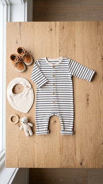 Baby items arranged on wood in modern commercial stock setting