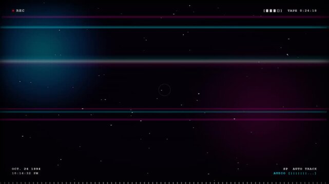Retro 1990s VHS Camcorder Viewfinder OSD HUD Overlay with Blinking Rec Date Stamp Oct 24 1994, Scanlines, and Neon Magenta Cyan Light Leaks on Dark Starry Background for Found Footage Edits