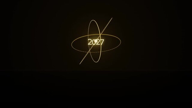 Golden 2027 with atomic orbit lines on elegant dark background