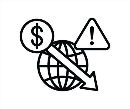 Global economic crisis line icon with dollar coin, arrow pointing down, globe and warning triangle alert, financial market loss concept.