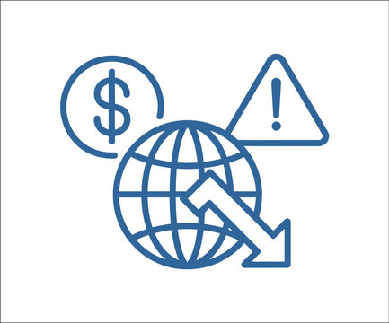 Global economic crisis line icon with dollar coin, arrow pointing down, globe and warning triangle alert, financial market loss concept.
