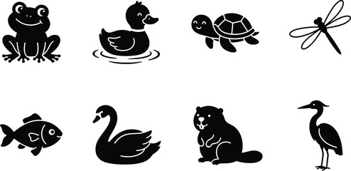 Pond wildlife and wetland animals vector icon set featuring cute frog swimming duck turtle dragonfly fish swan beaver heron © SONET