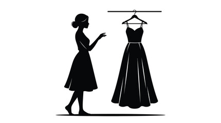 Fototapeta premium Woman admiring evening gown on hanger black silhouette