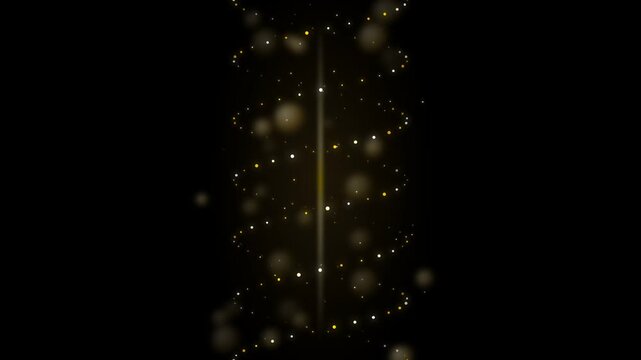 Rotating Golden Particle Double Helix DNA Strand with Luminous Center Light Beam and Floating Defocused Bokeh Orbs on Pure Black Background for Medical Biotechnology and Science Visuals