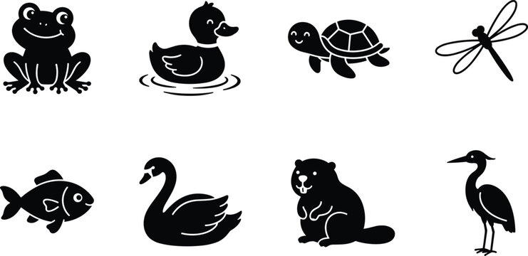 Pond wildlife and wetland animals vector icon set featuring cute frog swimming duck turtle dragonfly fish swan beaver heron