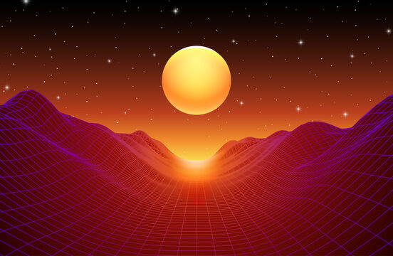 Golden glowing sun above red wireframe mountains and bright orange horizon at night