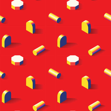 Repeating isometric arches cylinders and octagonal blocks on bright red background