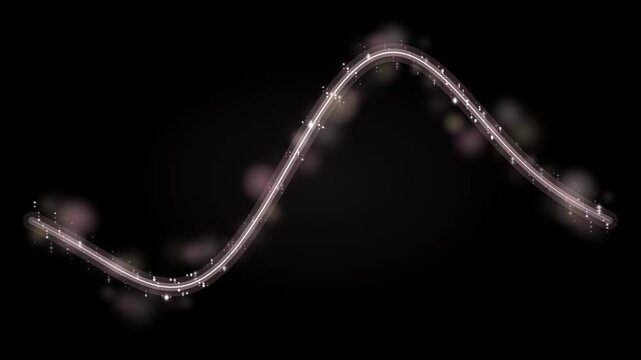 Elegant Champagne Pink Sinusoidal Wave Light Beam with Glistening Fairy Dust Sparkles and Defocused Rose Gold Bokeh Particles on Dark Background for Luxury Fashion and Cosmetic Branding
