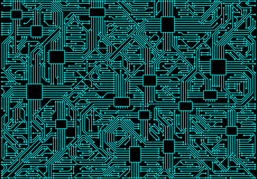 Cyan motherboard circuit network with connected microchip nodes across black background
