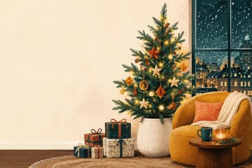 Fototapeta premium Cozy Christmas living room with decorated tree and armchair