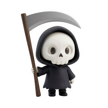 Cute grim reaper character with scythe isolated on transparent background