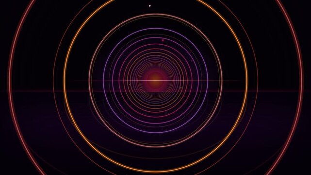 Retro 80s Synthwave Corridor of Concentric Circular Neon Rings in Glowing Magenta and Amber Receding Toward Central Horizon Sun for Outrun Electronic Music and Retrowave Channel Intros