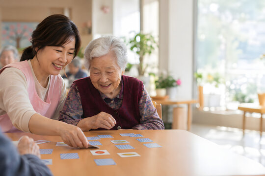 Caregiver and elderly woman smiling together over a memory card game