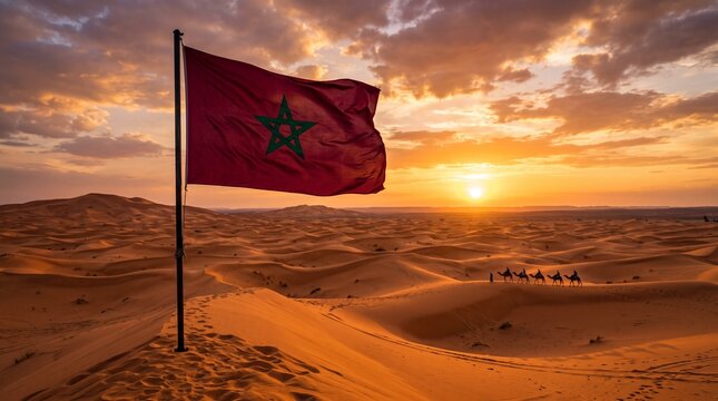 Moroccan flag waving at sunset over Sahara desert dunes with camel caravan in the distance