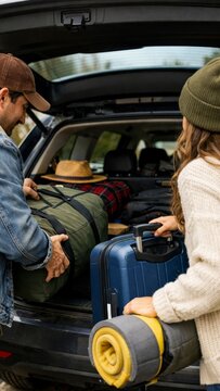 Couple loading luggage into car trunk for road trip travel background and packing preparation banner design