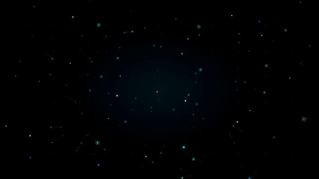 Futuristic Plexus Constellation of Cyan and Blue Digital Data Points with Interconnecting Geometric Network Lines on Black Background for Modern AI Technology and Cyber Security Visuals
