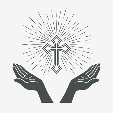Black and White Open Hands Silhouette with Cross and Rays, Vector Illustration. Symbol of Faith and Prayer. Design Template for Church Logo. Prayer, Religion Concept. Monochrome Cut Out Icon