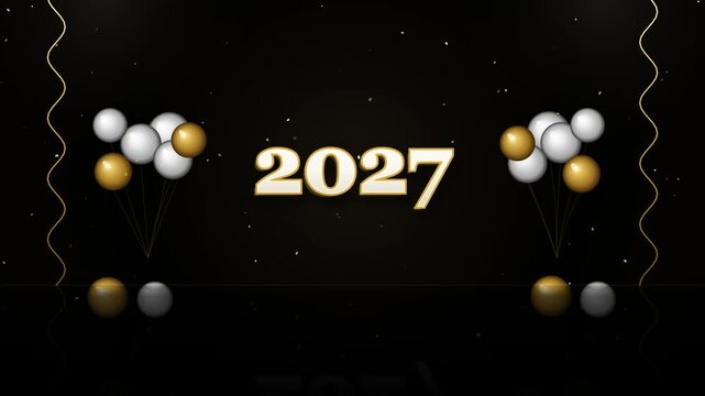 Golden 2027 with festive balloons and decorative wavy lines