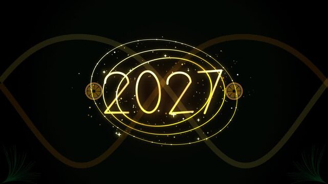 Golden 2027 with orbit rings and sparkling particles