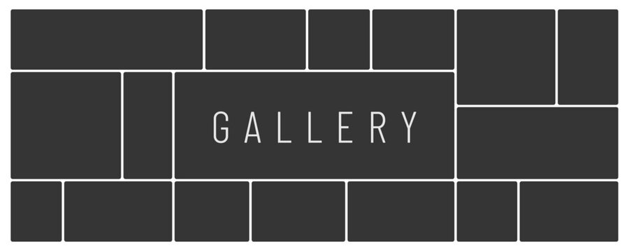 Empty grid layout with photo collage gallery and grey rectangular frames. White background portfolio with template presentation image and placeholder display picture.