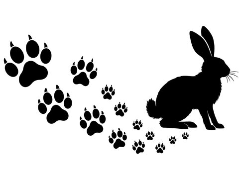 Rabbit tracks and silhouette on a white background animal footprints and hare design