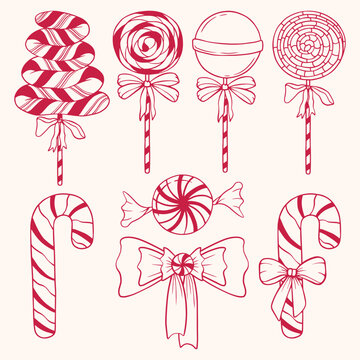 Pink Sweet Candy Vector Set with Lollipops, Candy Canes, Bows, and Peppermint Sweets