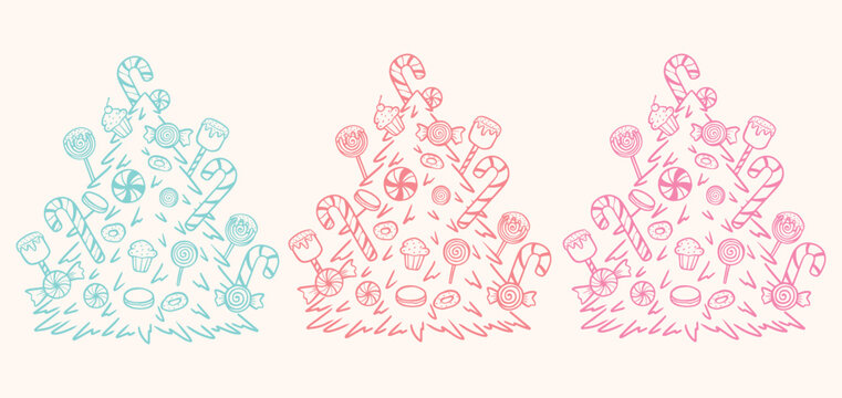 Pastel Christmas Candy Trees Set with Sweets, Lollipops, and Candy Canes Vector