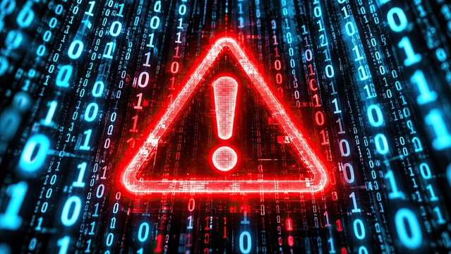 Neon red warning triangle symbol glowing in digital binary code abstract matrix background to illustrate cyber attack and data security breach threat concept.