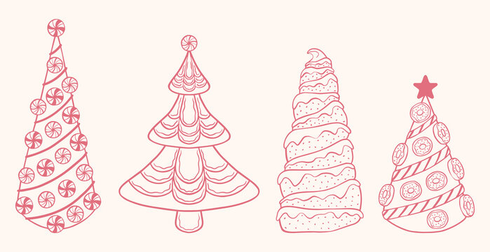 Pink Sweet Christmas Tree Set with Desserts, Cakes, Candies, and Donuts Vector
