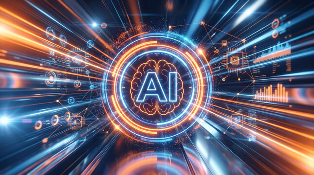 Abstract AI brain icon on futuristic high speed data technology background. Concepts of artificial intelligence, machine learning, cyber security, and digital transformation.