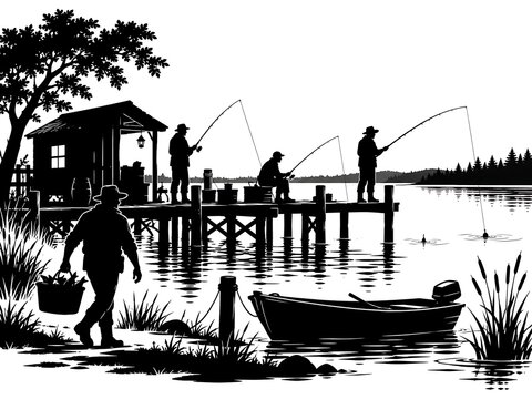 Black silhouette of a lakeside fishing scene with a cabin and fishermen on a pier
