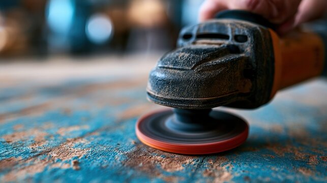 Dual action sander refinishing faded blue hull with dust extraction in workshop