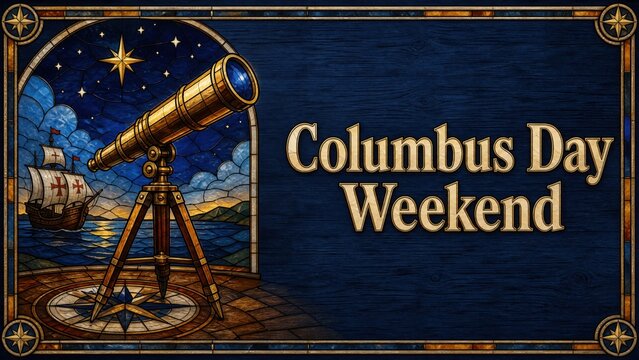 Columbus day weekend vintage telescope illustration with starry sky background