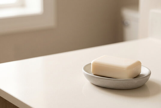 Ivory soap bar in ceramic dish on neutral bathroom counter