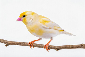 Fototapeta premium A small yellow and white canary perched steadily on a thin brown branch against a plain white background, showing its pink beak and orange claws.
