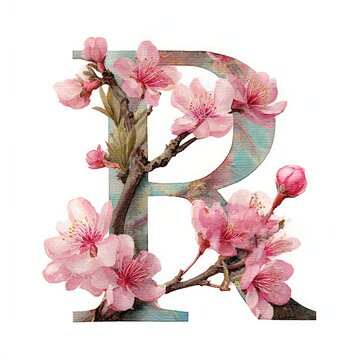 Letter "Q" from watercolor sakura flowers, isolated on a white background