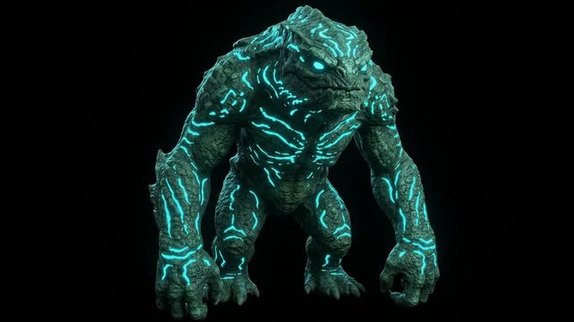 Monstrous 4K Bioluminescent Stone Golem Creature with Glowing Blue Veins Roaring on an Isolated Dark Background