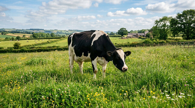 Black and white holstein cow grazing in a lush green meadow with wildflowers, sunny day