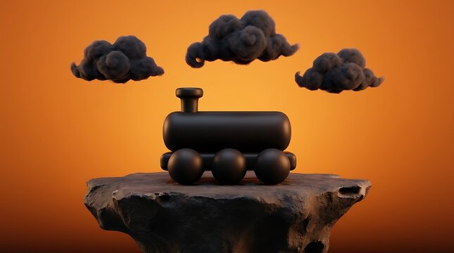 Minimalist Black Toy Train 3D Render Floating on Dark Rock with Stormy Clouds, Artistic Surreal Composition