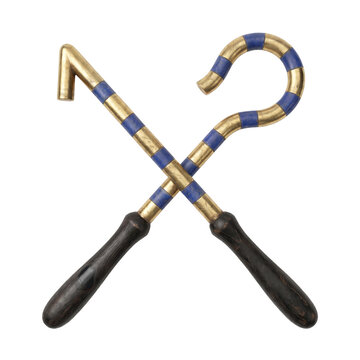 Crook flail in hands, isolated on a transparent or white background. Ancient Egyptian history and museum archaeology research, historical cultural heritage artifact preservation.