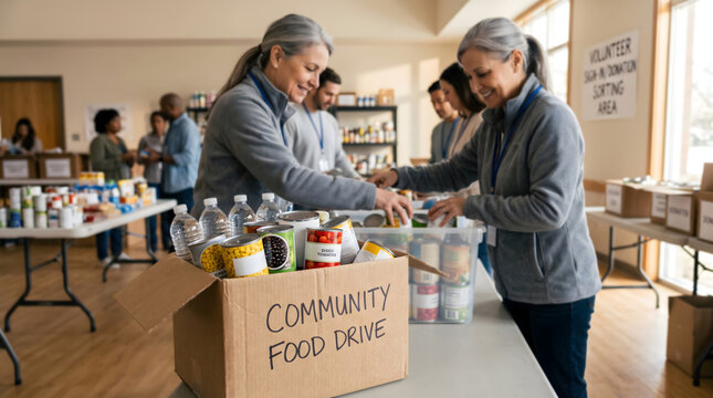 seniors women helping Food Volunteer, Community Center, Charity Help or Donation Box Sorting, Social Outreach Aid