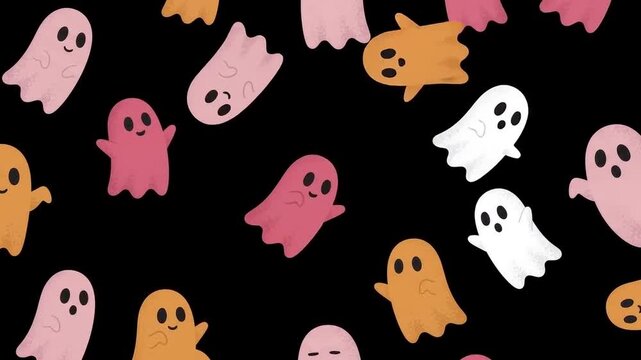 Seamless animated background pattern of cute and friendly cartoon ghosts in various pastel colors floating against a dark black background for Halloween