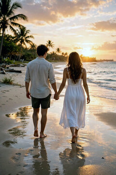 Romantic young couple walking barefoot on a tropical beach at sunset, holding hands, warm golden sunlight, reflections on wet sand, emotional cinematic lifestyle photography, realistic, no text, verti
