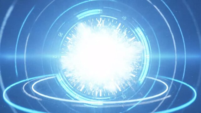 Abstract animation of a futuristic glowing blue clock face with Roman numerals, rotating interface rings, and energetic particle explosions on a dark background